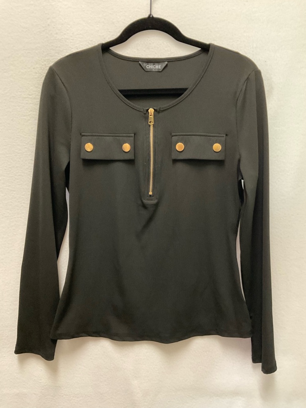 Black Long Sleeve Top with Gold Zip and Button Accents